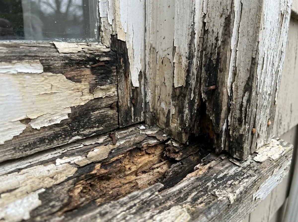 Rotted, peeling wood at the corner of an old window frame