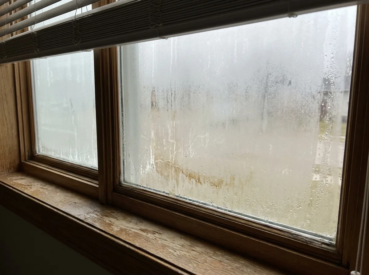 Cloudy fog trapped between the panes of a window with a failed seal