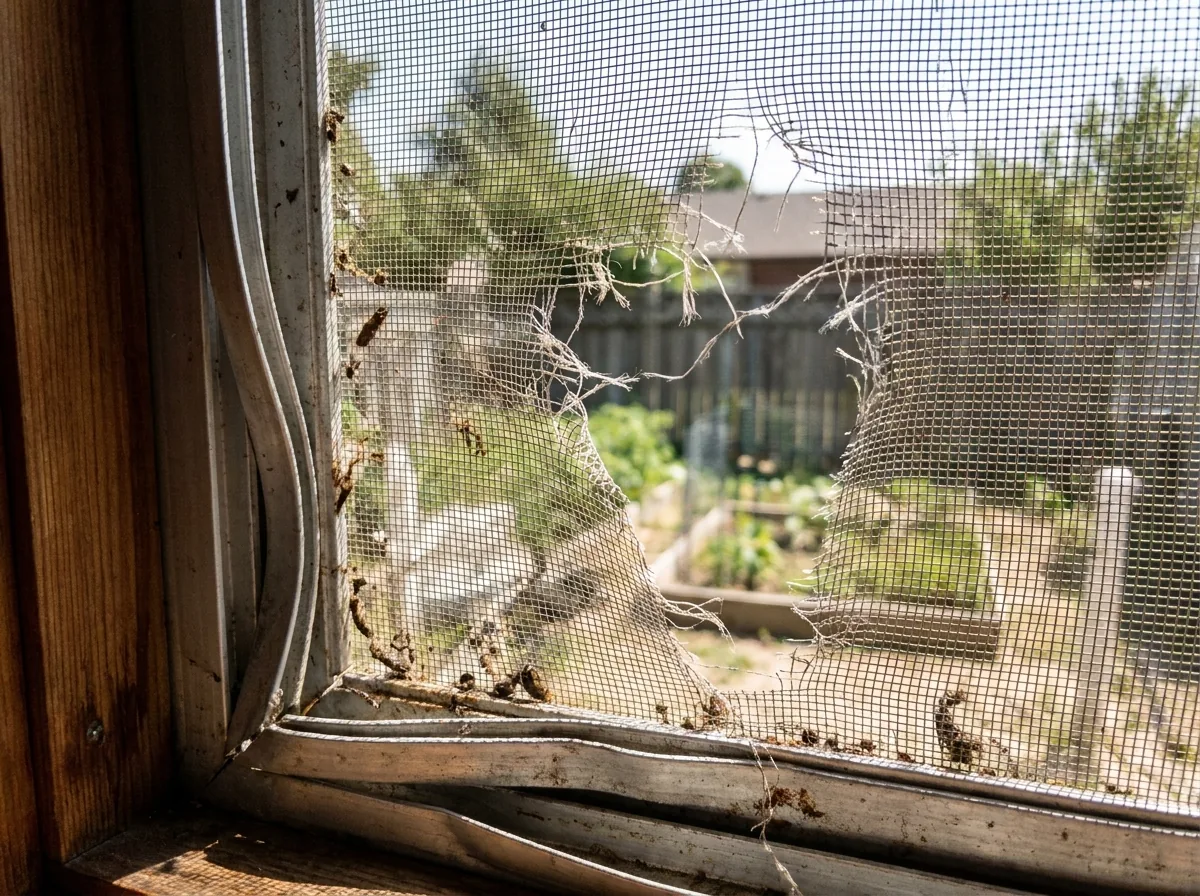 Torn window screen with ripped mesh and a bent frame