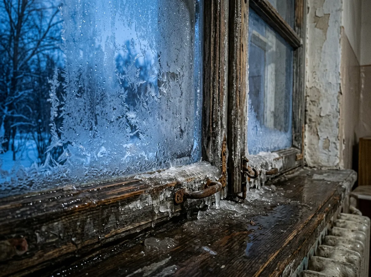 Frost and ice built up on the inside of an old window in winter