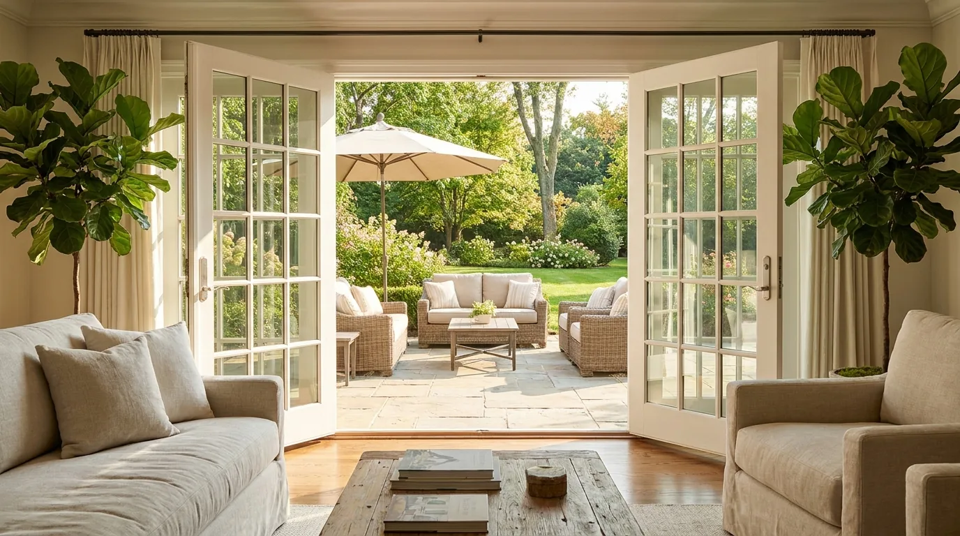 Open French patio doors looking out from a bright living room onto a sunny backyard patio